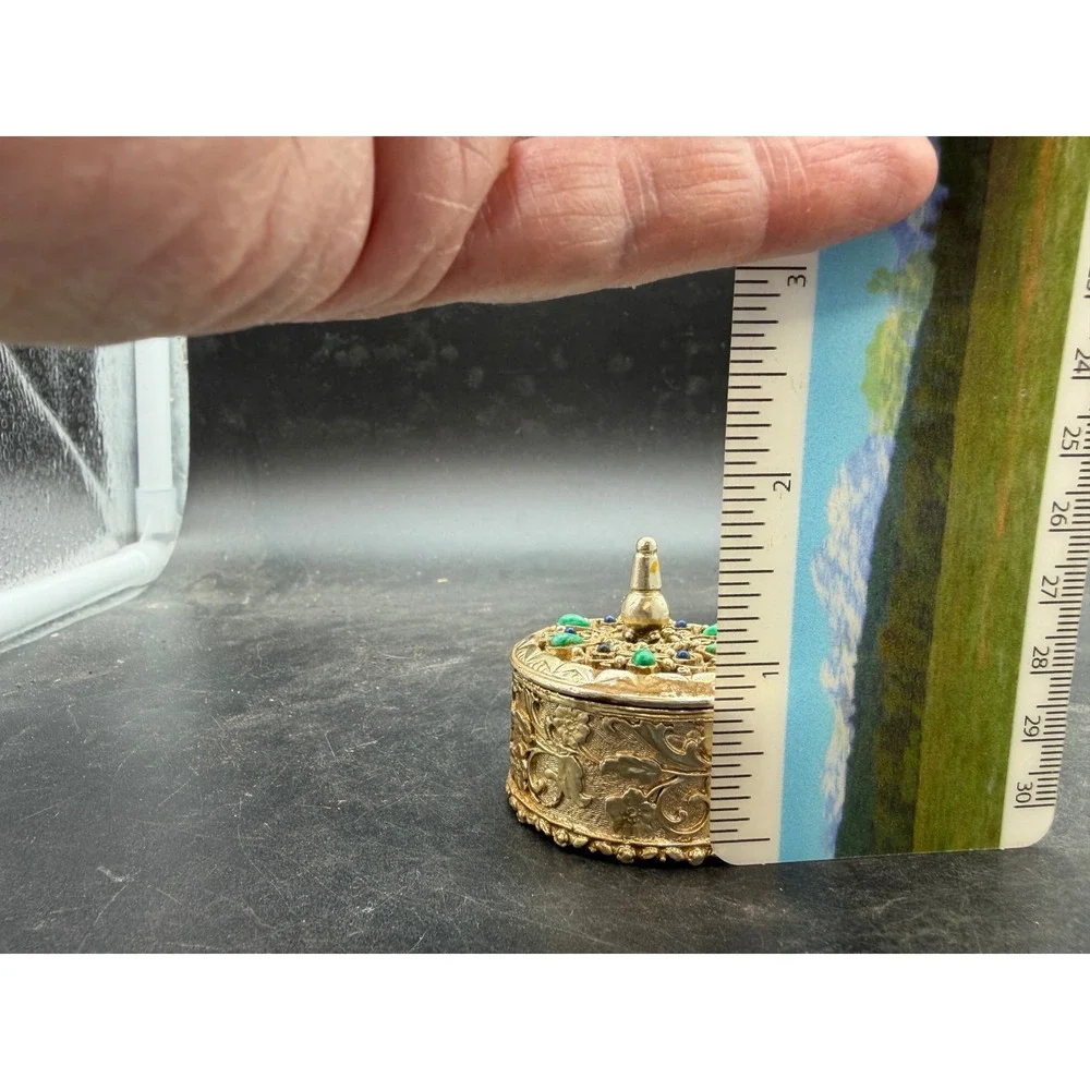 Vintage‎ Florenza Gold Tone Gemstone Box Faux Turquoise Blue Cabochon Filigree